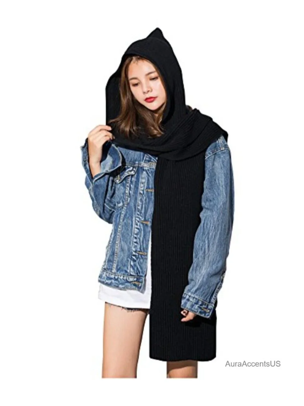 3 in 1 Crochet Knit Hooded Scarf Shawl Women